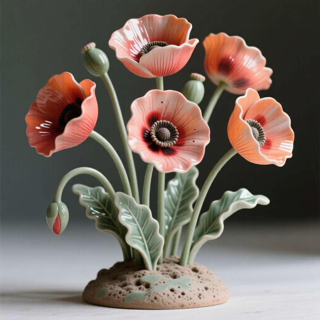 A cluster of poppies swaying in a breeze caught mid-sway in a gentle breeze, with veins tracing intricate natural patterns, capturing a fleeting, delicate moment in bloom.