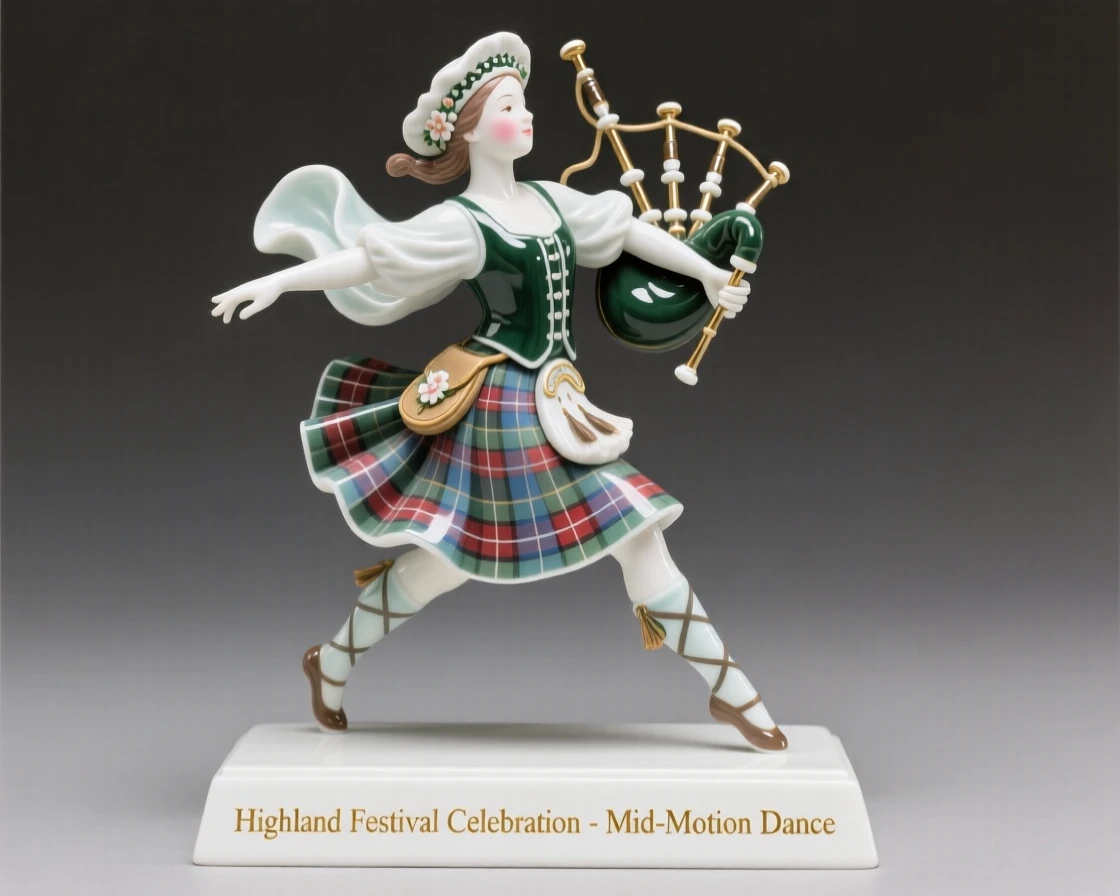 A vibrant Scottish highland festival celebration, captured mid-motion with dynamic energy.