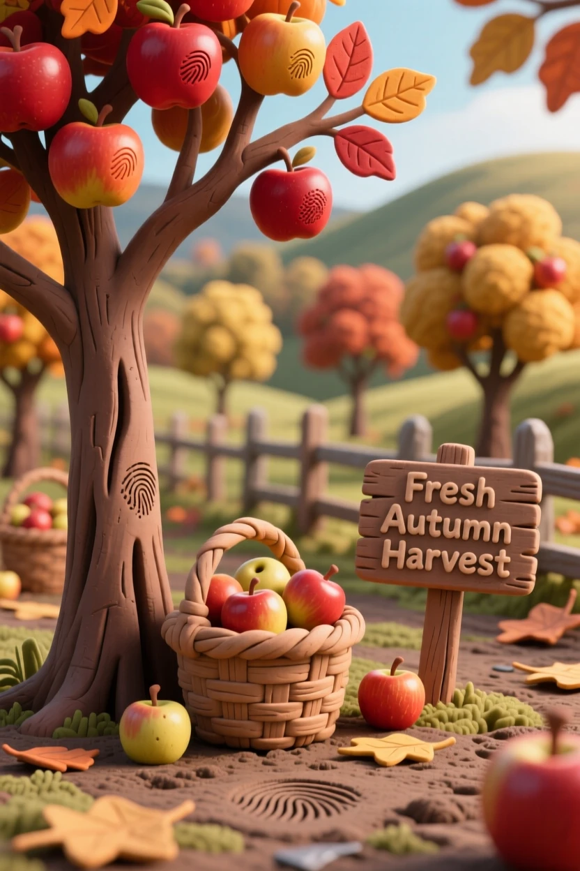 An autumn apple orchard with baskets overflowing at harvest time