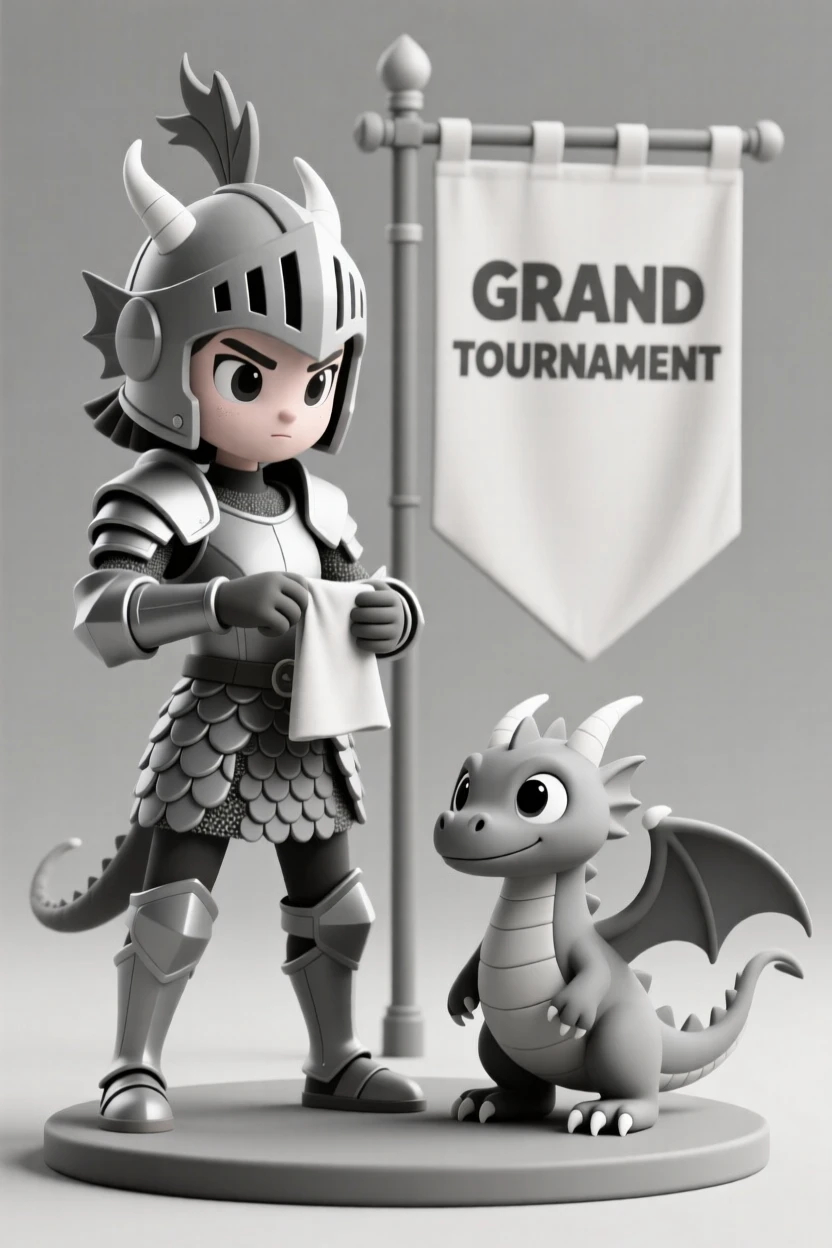 A determined dragon knight polishes scaled armor beside her loyal dragon companion before a grand tournament.