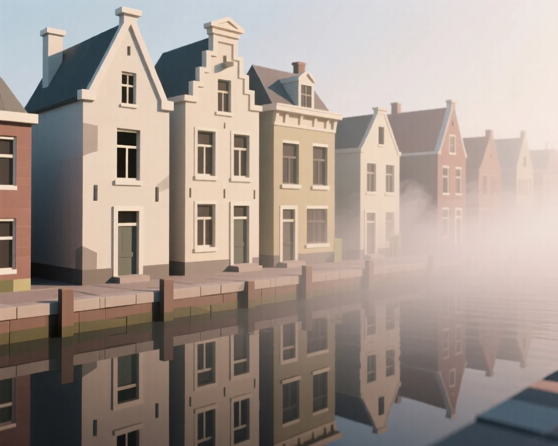 A row of vibrant canal houses reflected in still water, wrapped in early morning fog. fine architectural details are rendered with clarity. There is a warm sense of nostalgia.