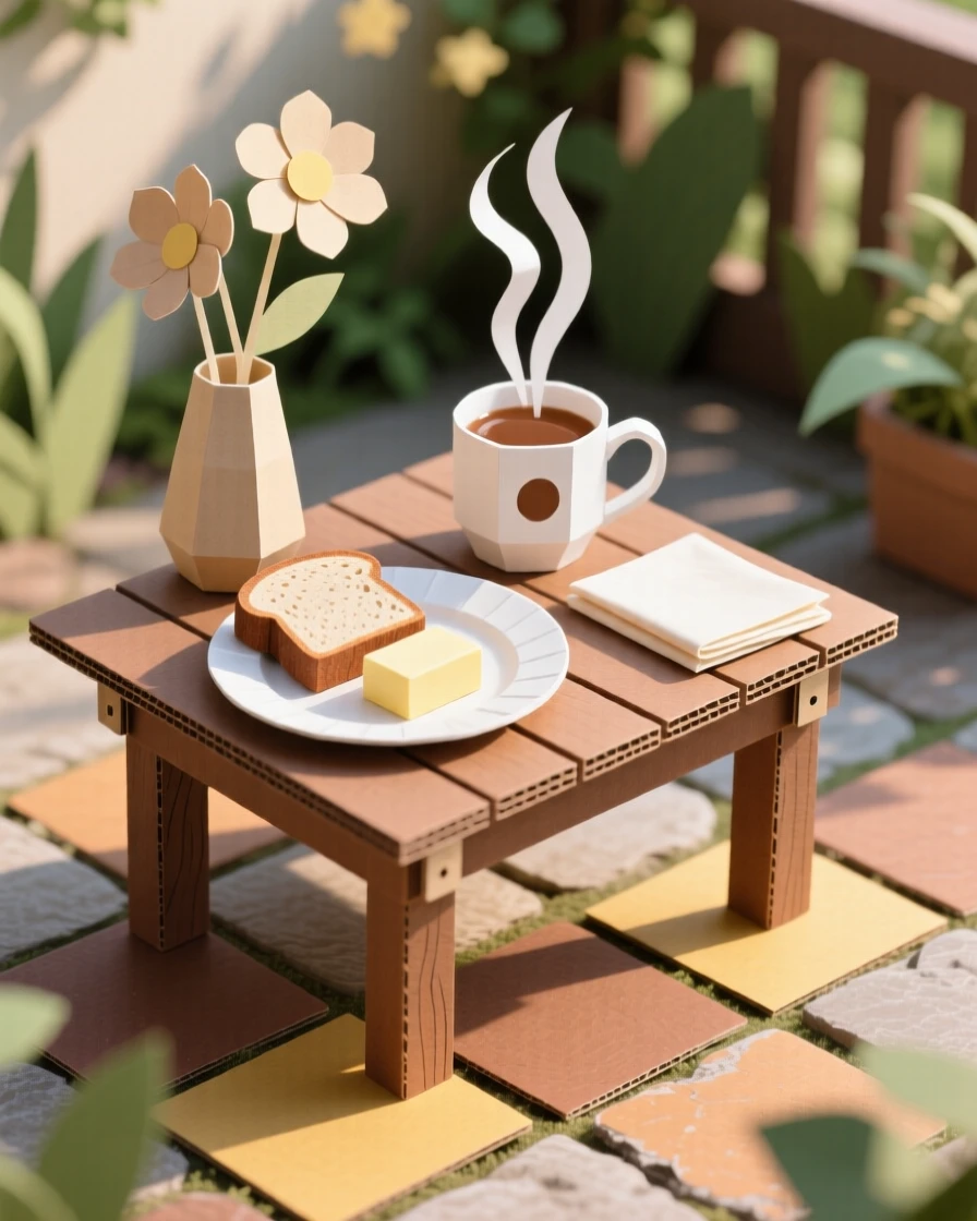 A rustic breakfast spread on a garden patio bathed in soft morning light, with steam rising gently from a warm drink, capturing simple everyday beauty.