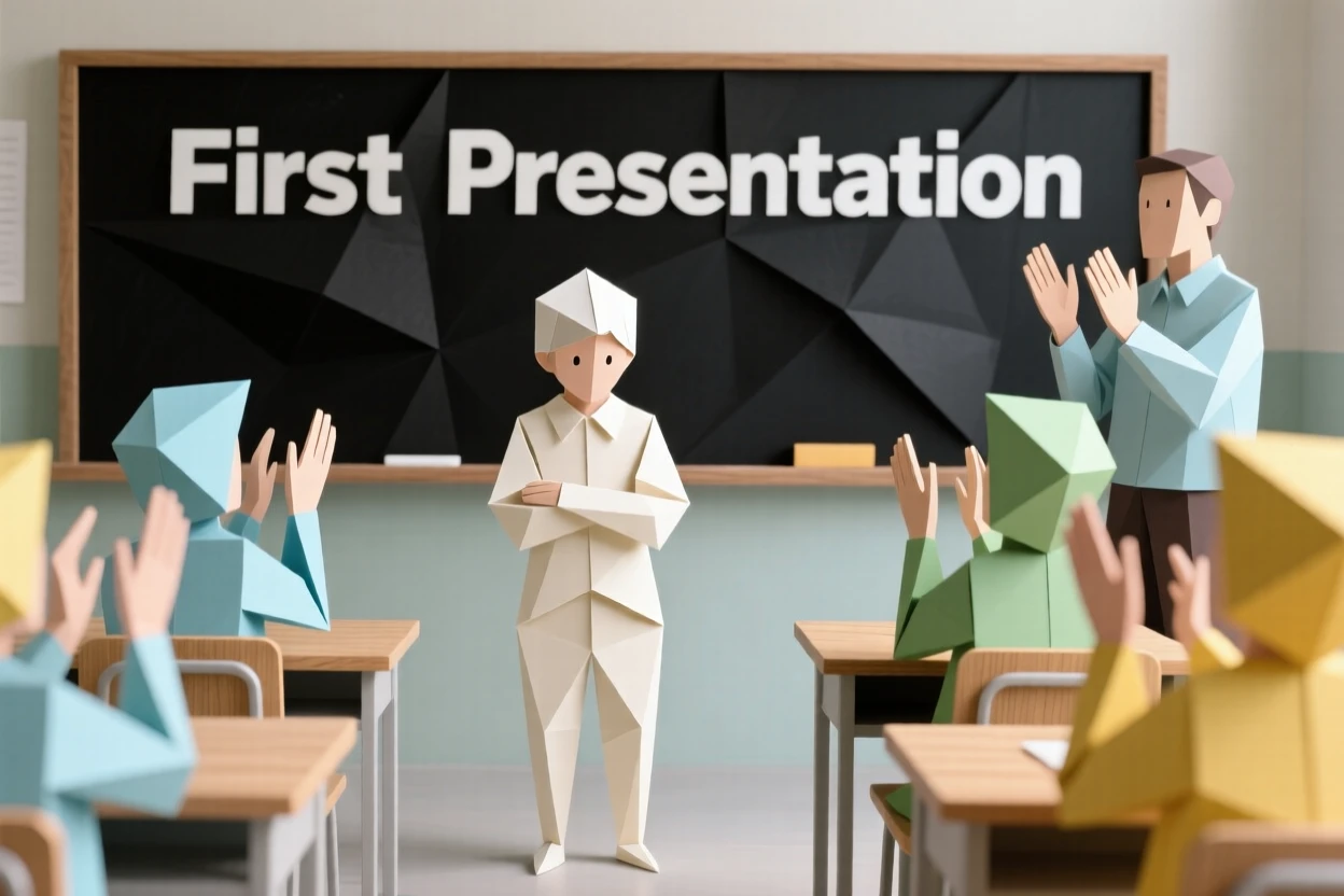 A classroom bursting into applause as a shy student finishes their first presentation.