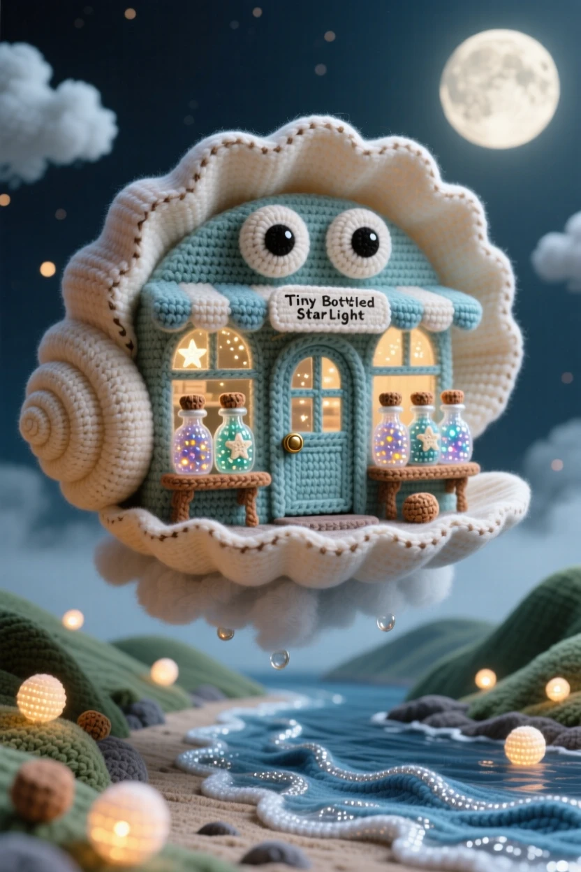 a tiny shop built inside a giant seashell, selling tiny bottled starlight, is shown nestled along a moonlit shore, floating gently above a quiet valley, surrounded by a scattering of tiny glowing lights, radiating cozy, whimsical enchantment.