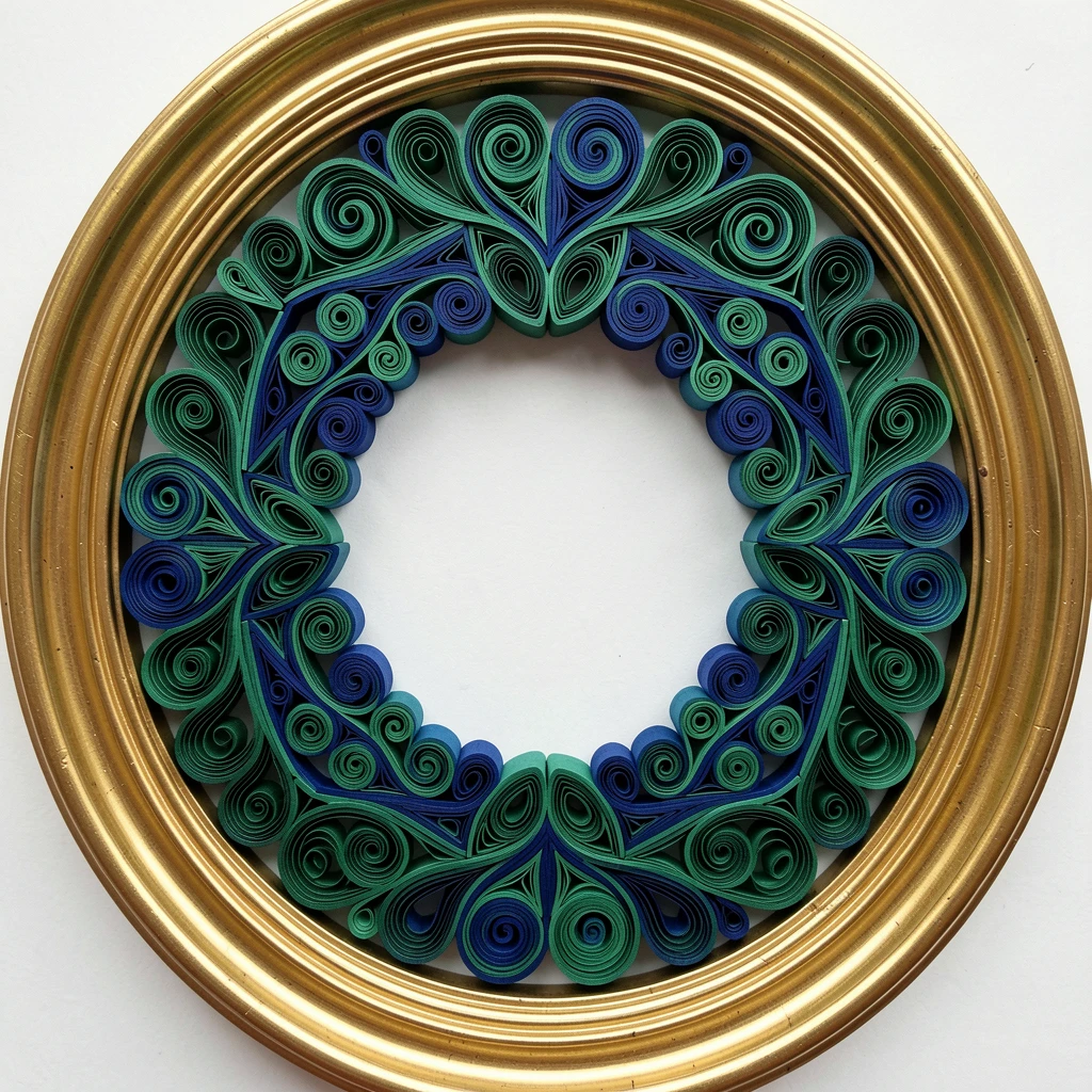 an intricate filigree wreath framing empty center space, mounted within a gilded oval frame, built up in graduated layers of increasing size, in a palette of jewel-toned emerald and sapphire.