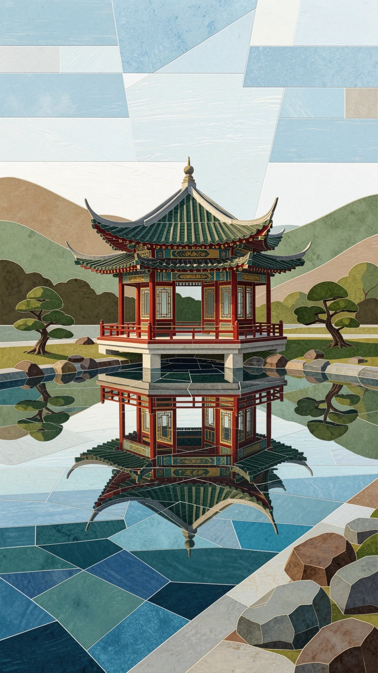 A traditional chinese garden pavilion beside a still lake, viewed from a dramatic elevated vantage point.
