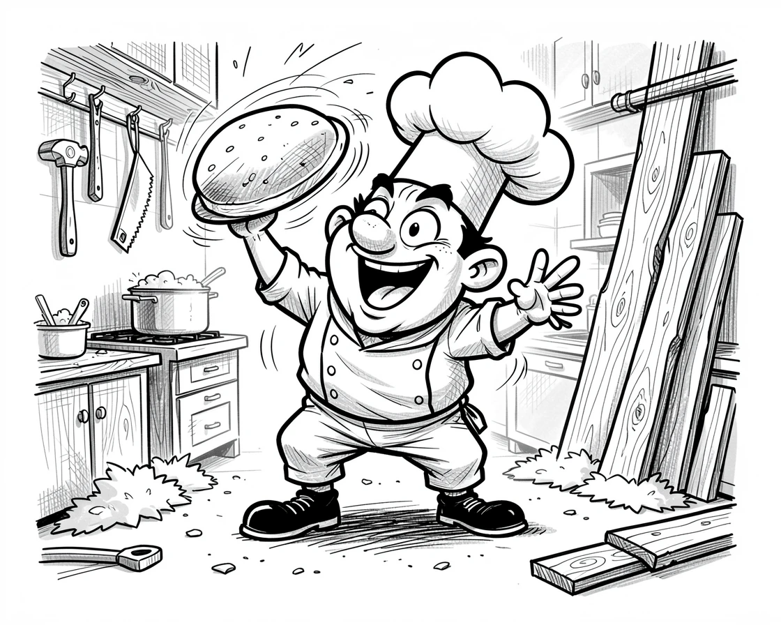 A chef flipping a pancake mid-air in a busy kitchen in a workshop filled with sawdust and tools.