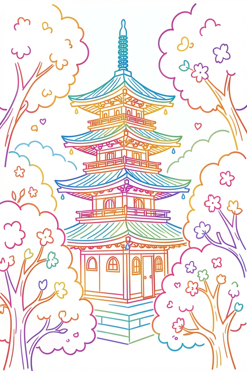 A traditional pagoda nestled among blooming cherry trees.