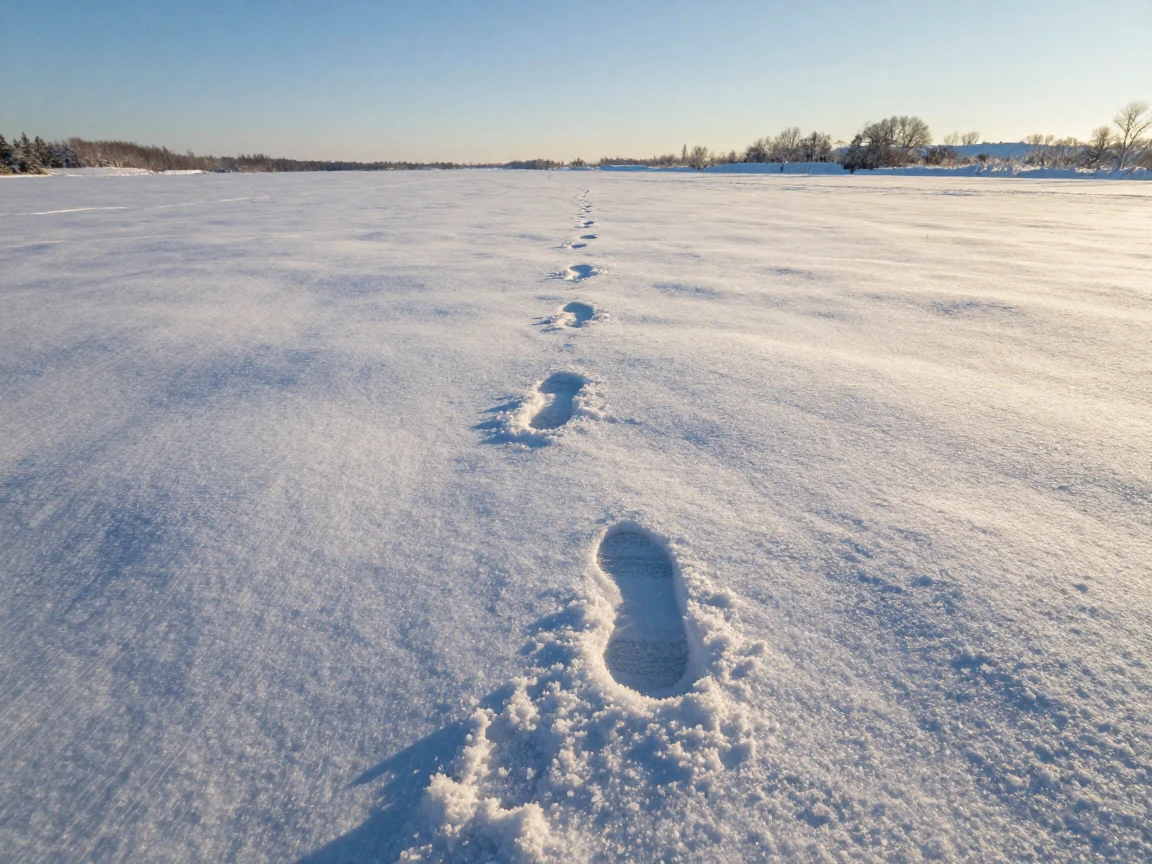 A single set of footprints trailing across a pristine snowy field