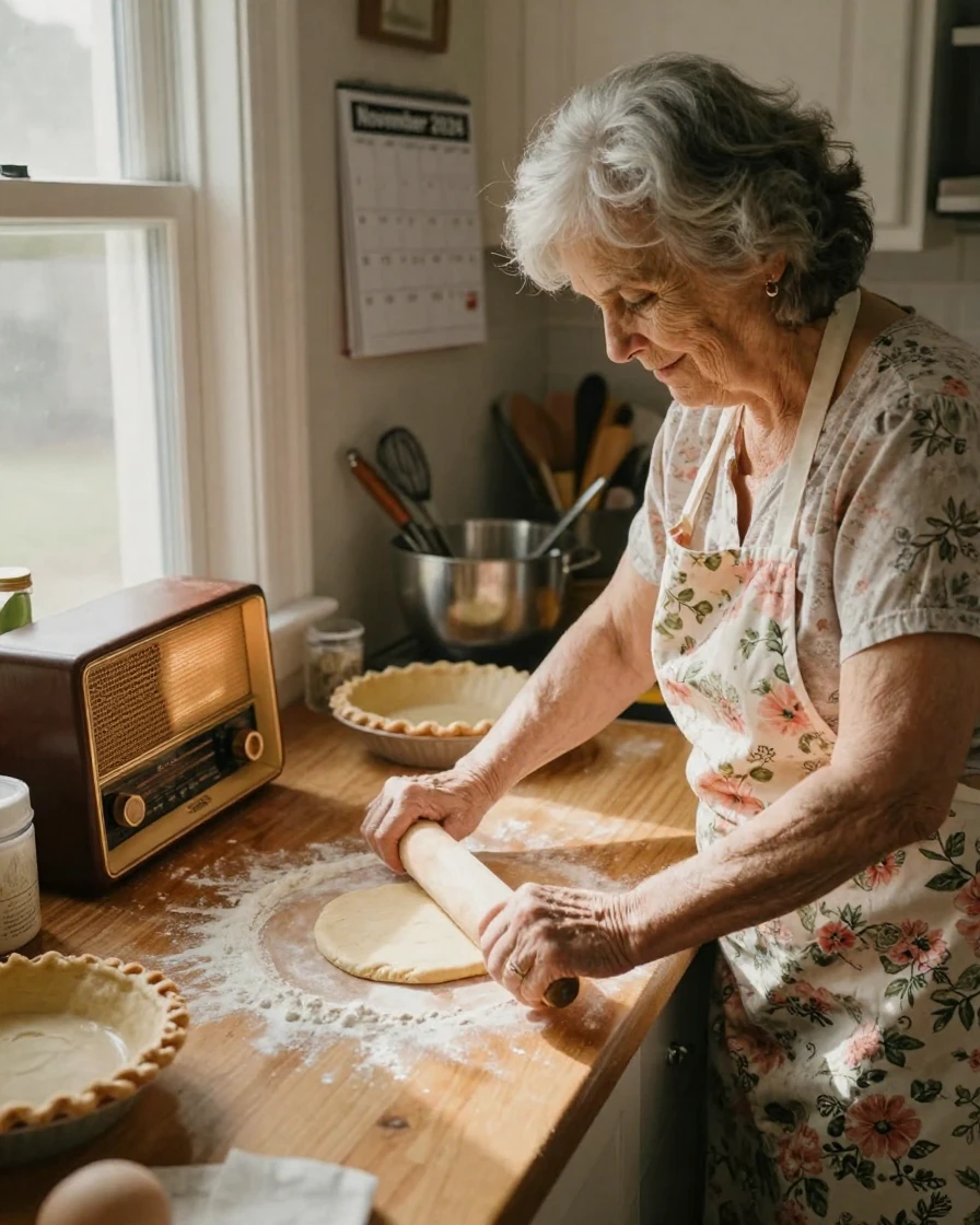 A grandmother in a floral apron rolls out pie dough while radio music plays from a countertop.