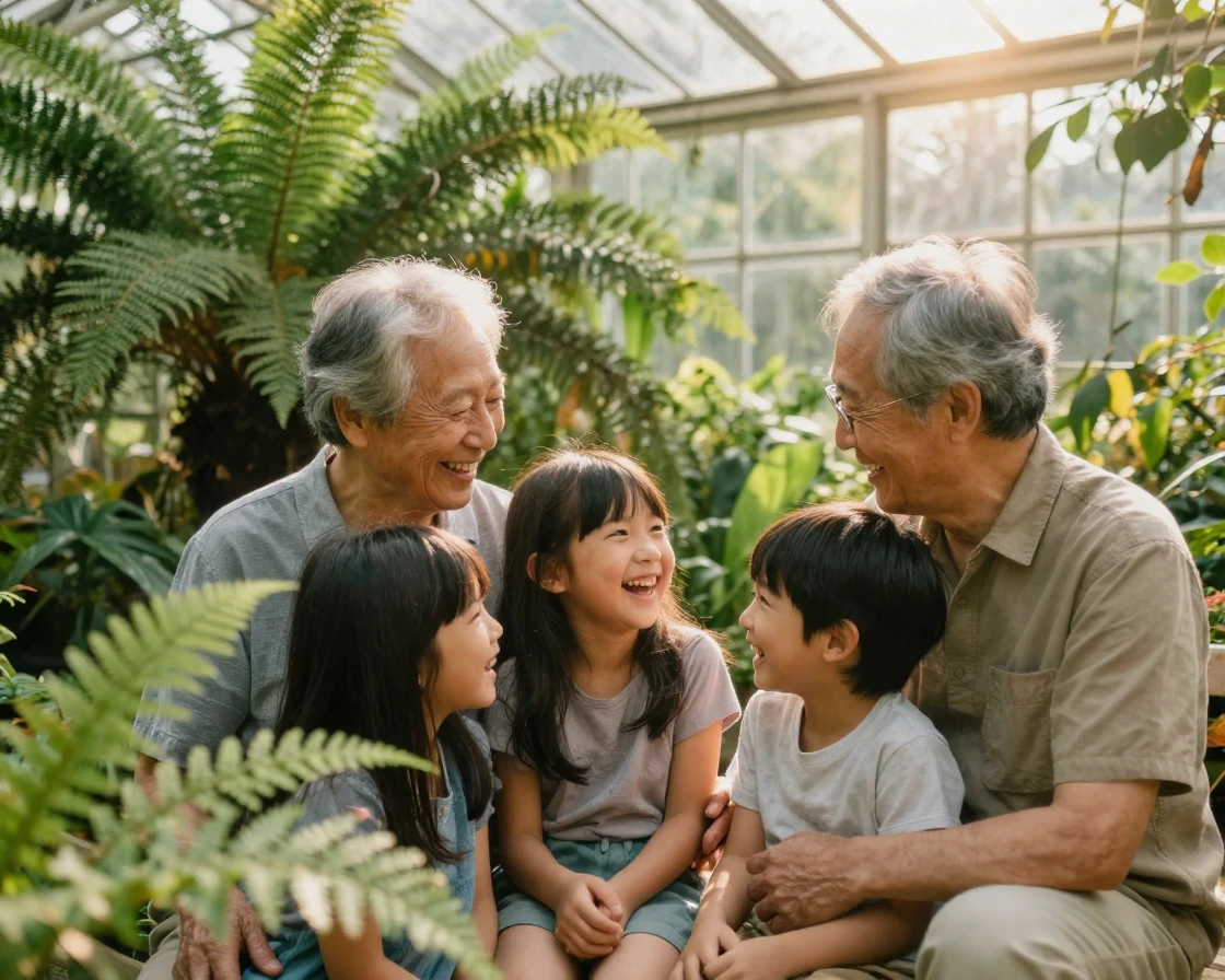 A grandparents and grandchildren sharing a quiet laugh together inside a sunlit greenhouse full of ferns