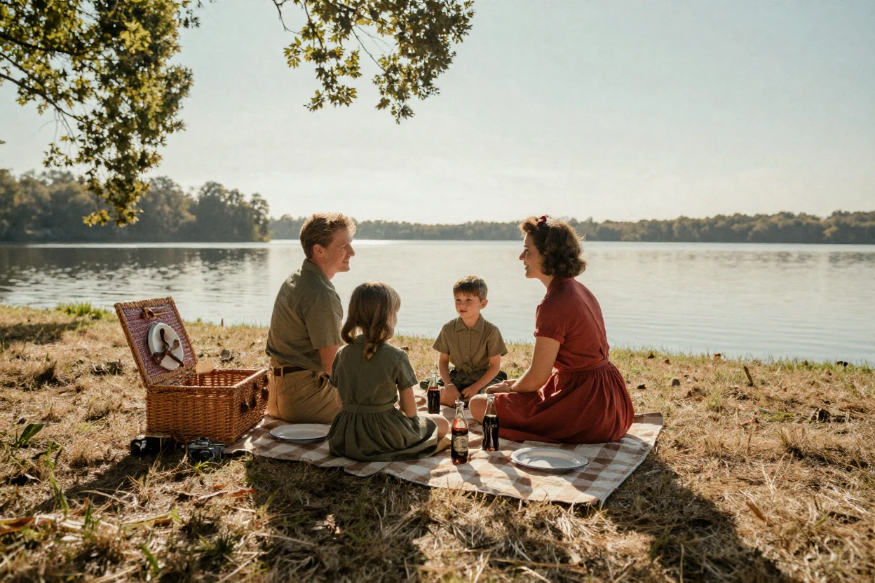 A family enjoying a picnic beside a sun-drenched lake, in warm morning light, as heat shimmers over the ground, in summer, with muted olive and rust colors, captured from a low angle looking up.
