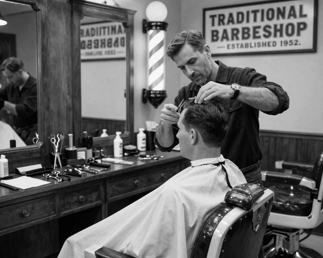 A barber trims a customer's hair with practiced care inside a classic barbershop.