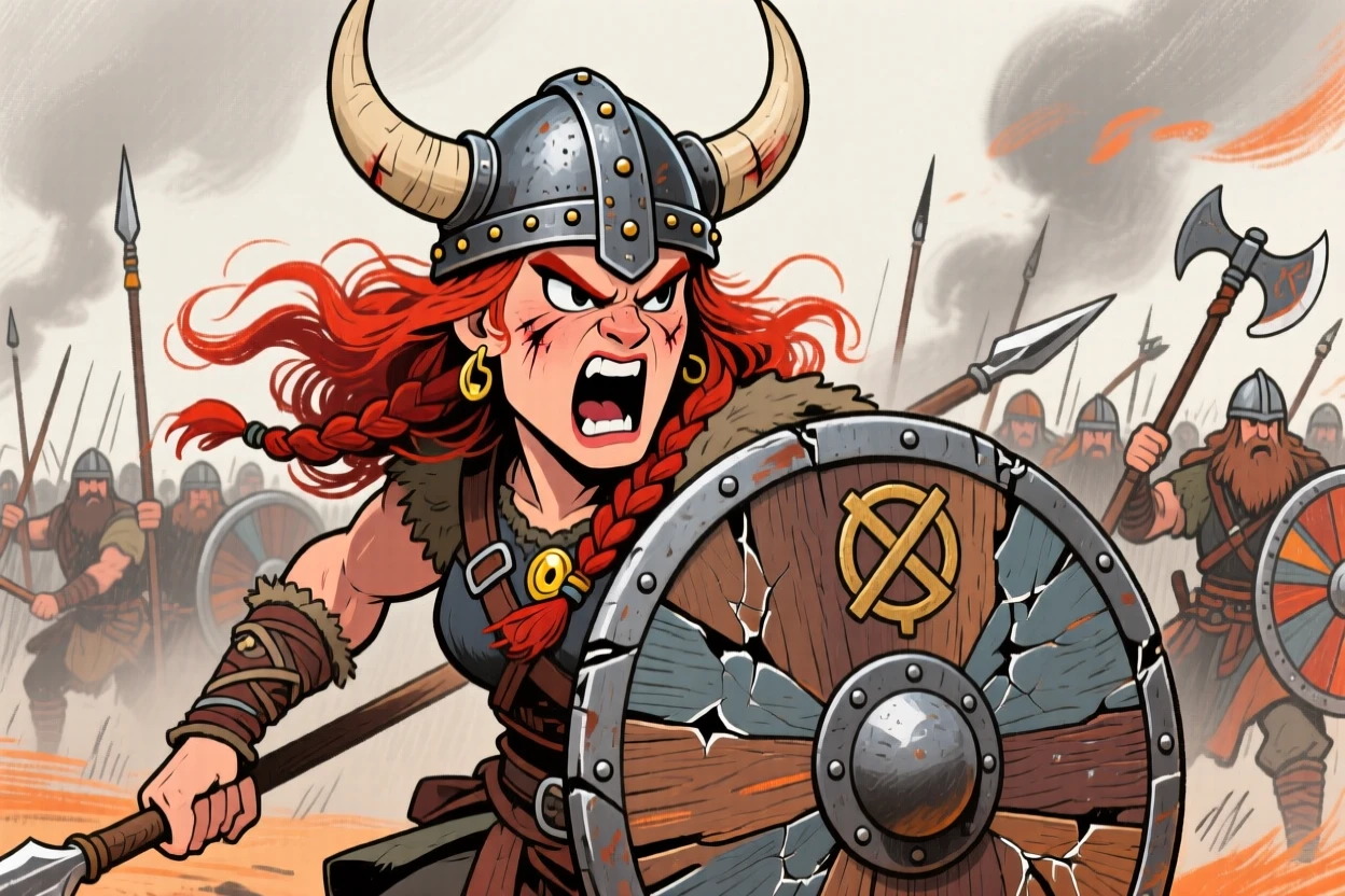 An ancient Viking shield-maiden standing fierce and ready at the front of a battle line.