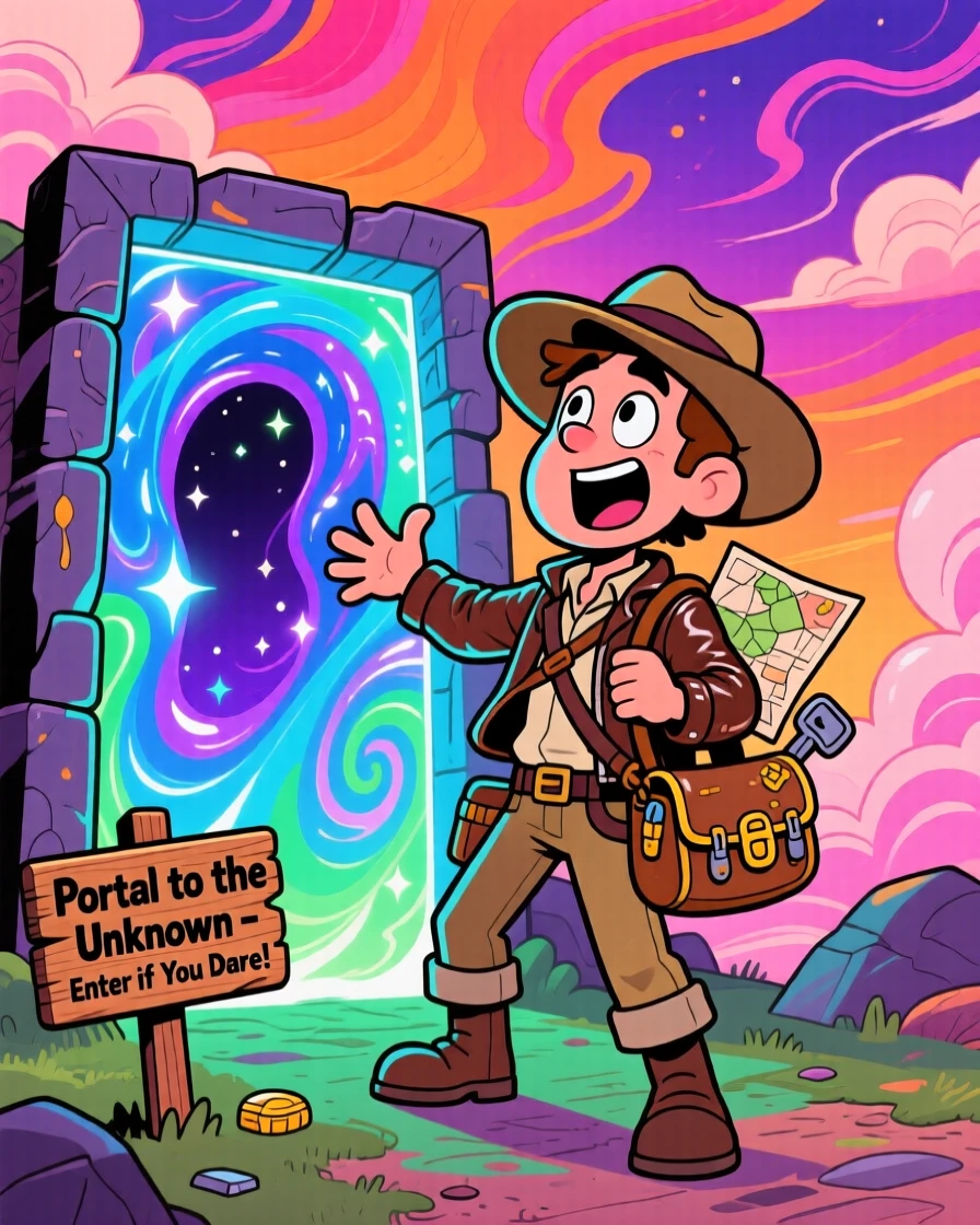 An imaginative fantasy scene of a fearless treasure hunter discovering a portal shimmering with otherworldly light, under a sky painted with impossible colors.