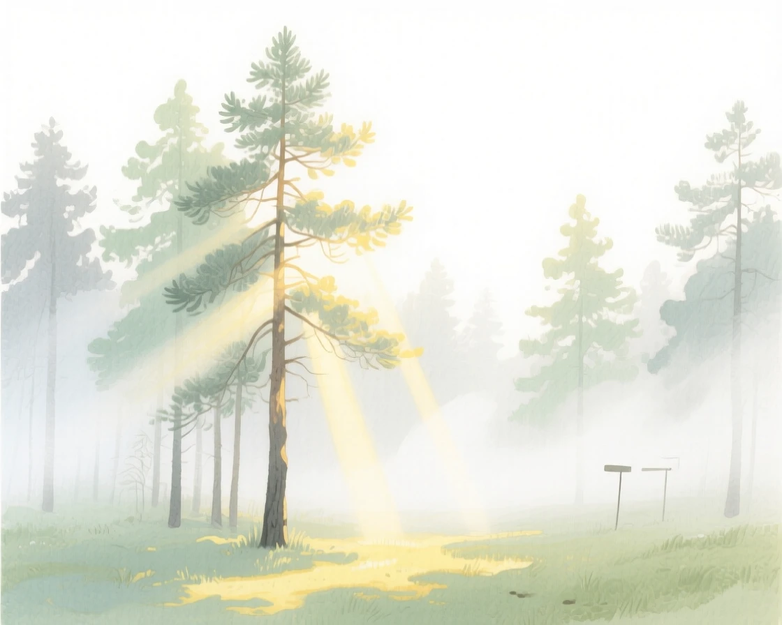 A serene landscape of a misty pine forest with sunlight streaming through the trees wrapped in gentle mist