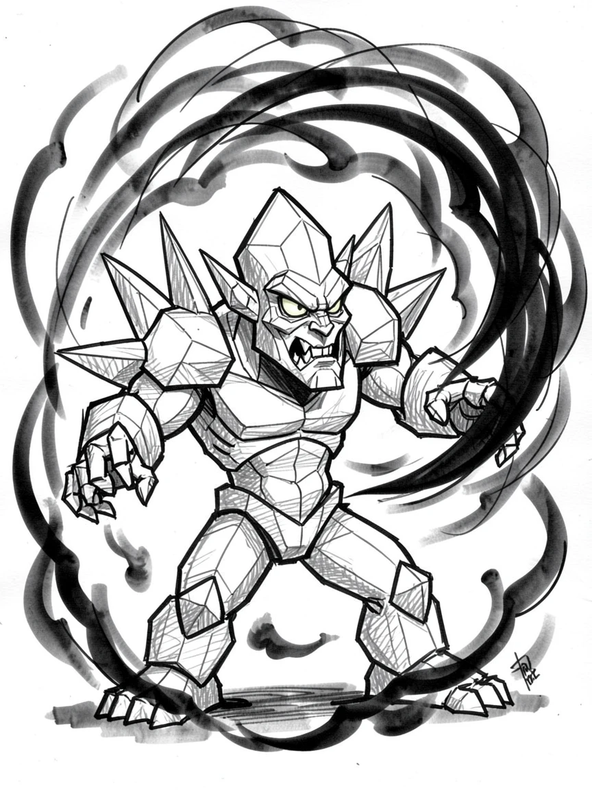 [Fantasy & Imaginative Scenarios] Imaginative fantasy scene of a mystical crystal golem battling a swirling storm of dark magic, brimming with wonder