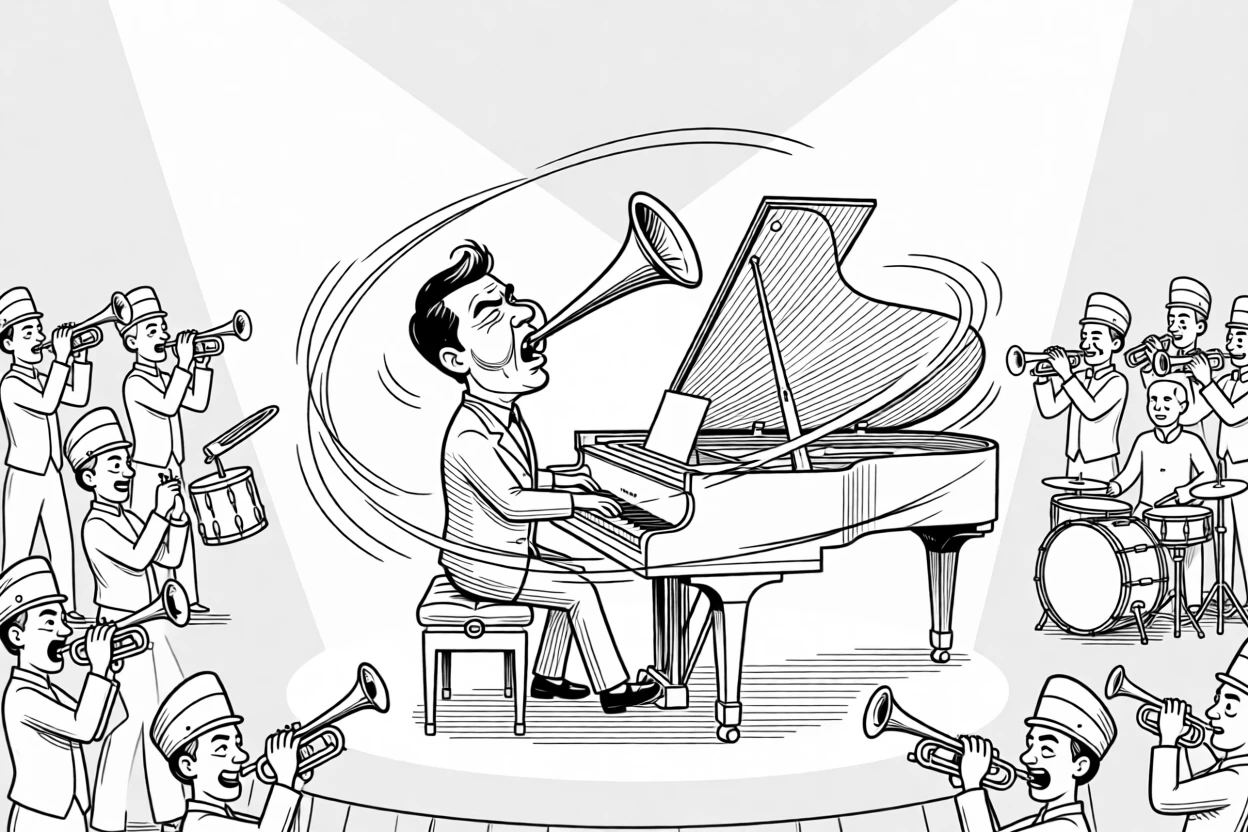 A pianist collapsing dramatically after a triumphant finale, puffing out cheeks to power through the pipes, set in the middle of a marching band formation. A single spotlight follows every twirl. The scene bursts with raw, electric passion for music.