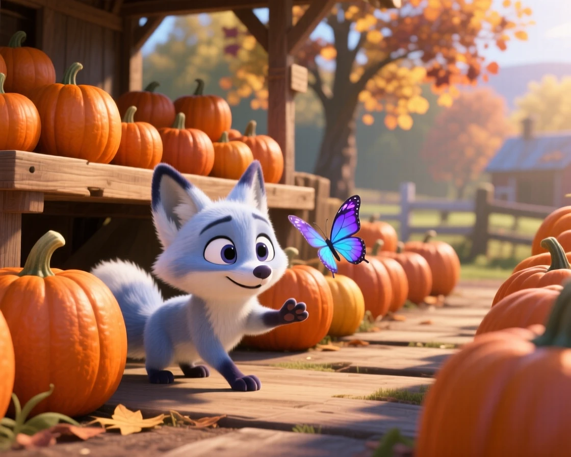 A baby arctic fox is hiding among rows of pumpkins at a farm stand, chasing a fluttering butterfly. The scene feels warm and heartwarming, with warm colors filling the background.