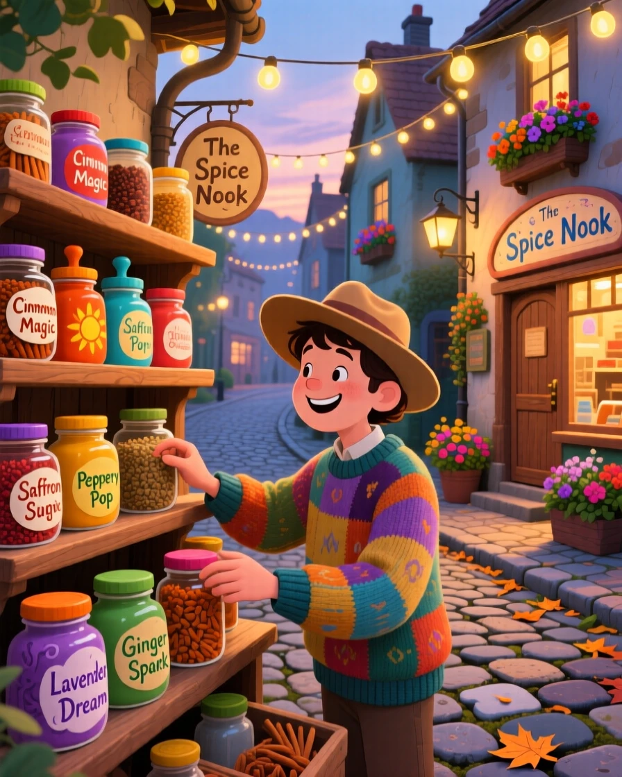 In a cobblestone village street, a street musician is busy organizing a shelf of colorful spice jars, while string lights twinkle overhead.