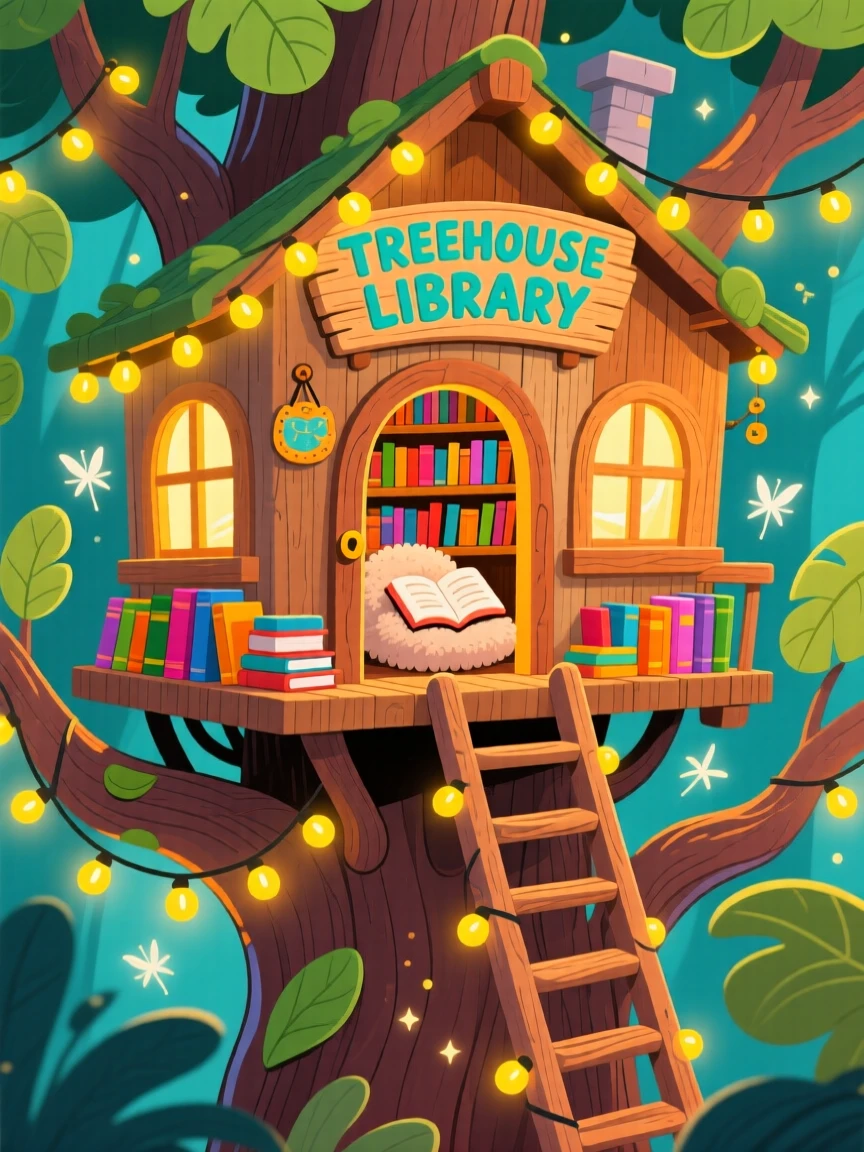 A treehouse library filled with books and fairy lights.