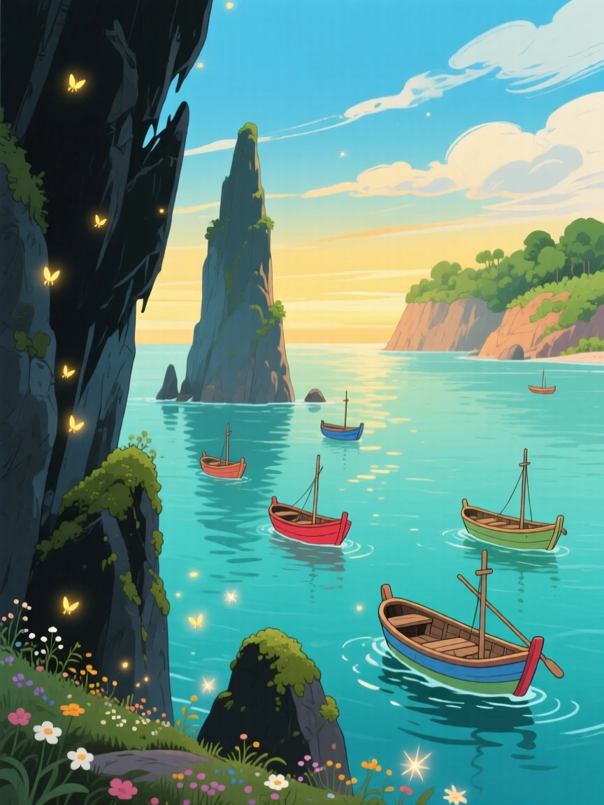 A stunning view of a calm turquoise bay dotted with small fishing boats, framed by silhouetted cliffs in the foreground.