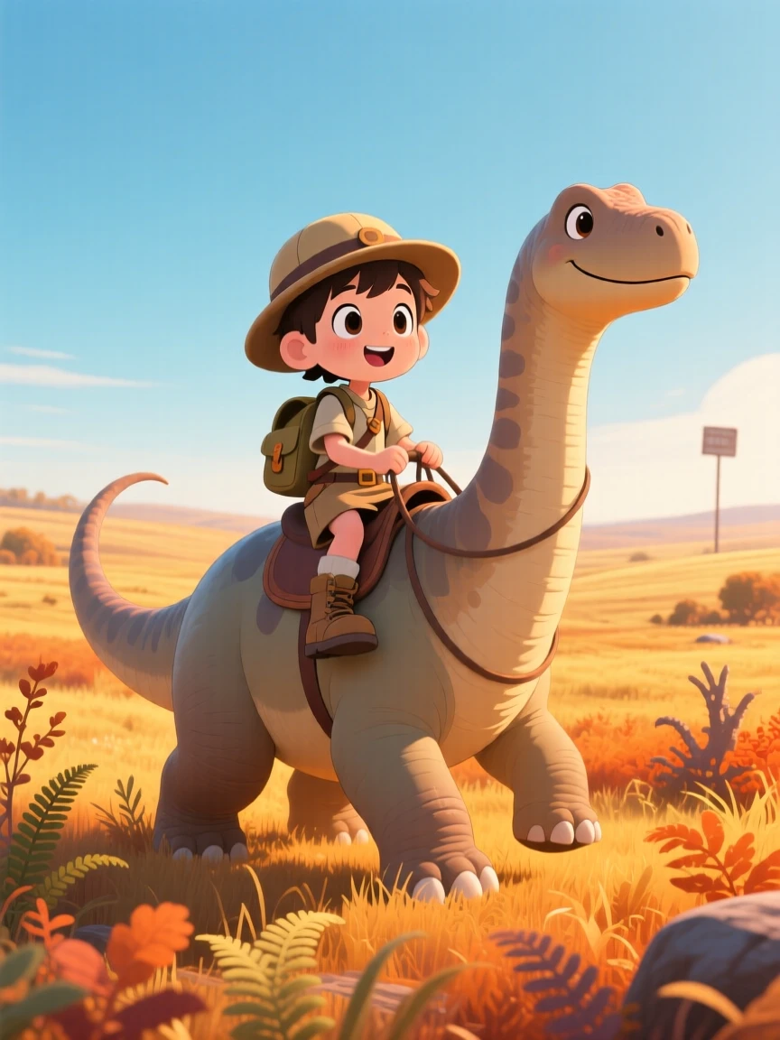 Medium shot: a young explorer, riding on the back of a gentle brontosaurus, set against a sweeping prehistoric plain on a crisp autumn afternoon, with soft golden-hour sunlight and a mood of wide-eyed wonder.