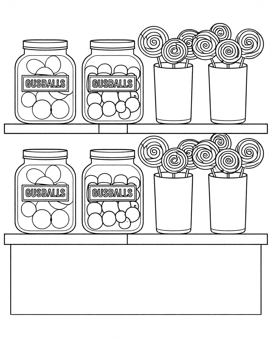 A candy shop shelf filled with lollipops and gumballs