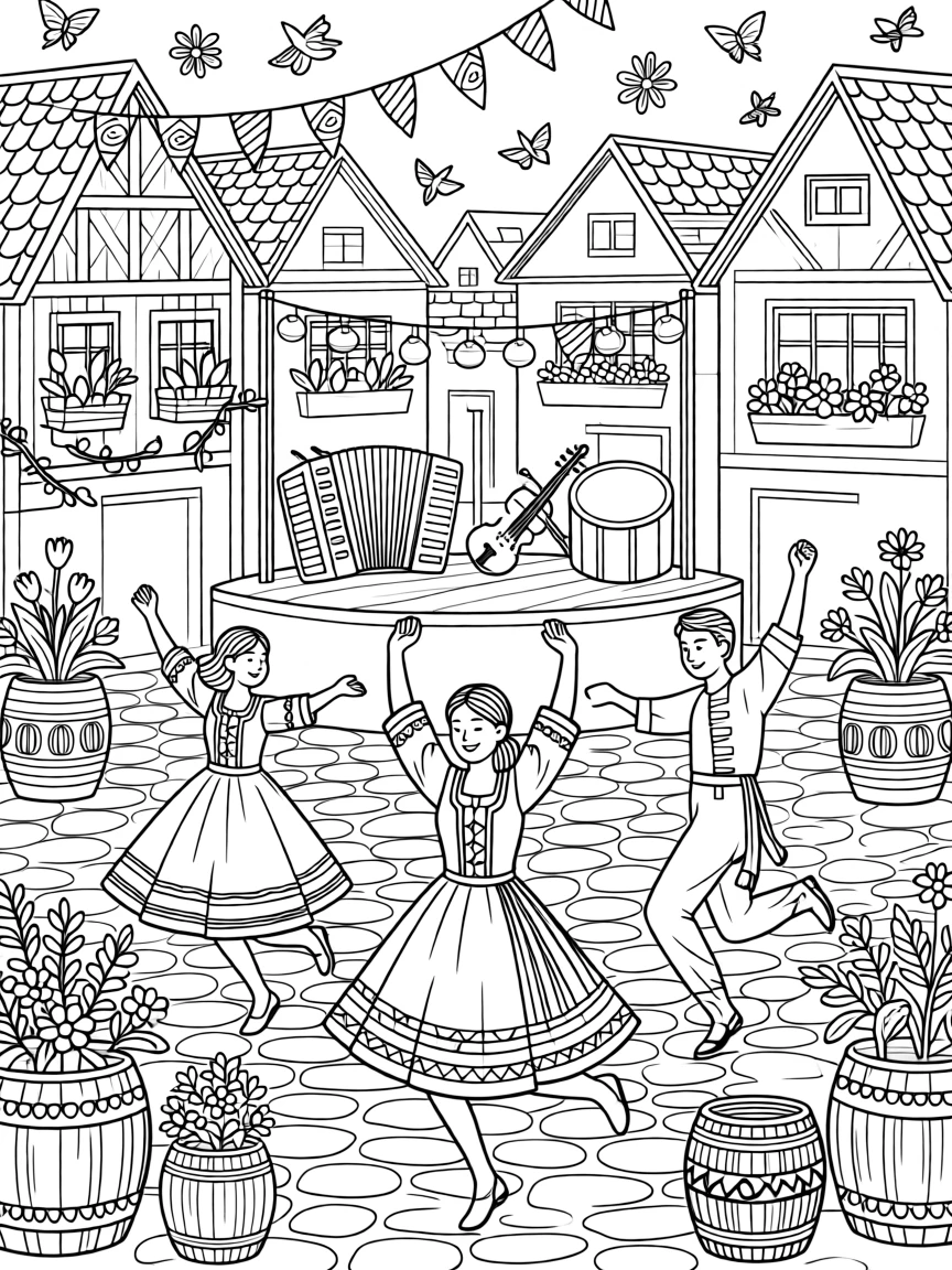 A jumping dance scene at a village celebration.