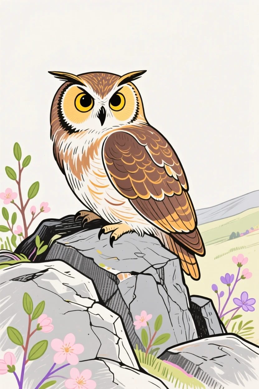 A wise old owl resting on a rocky hillside in early spring.