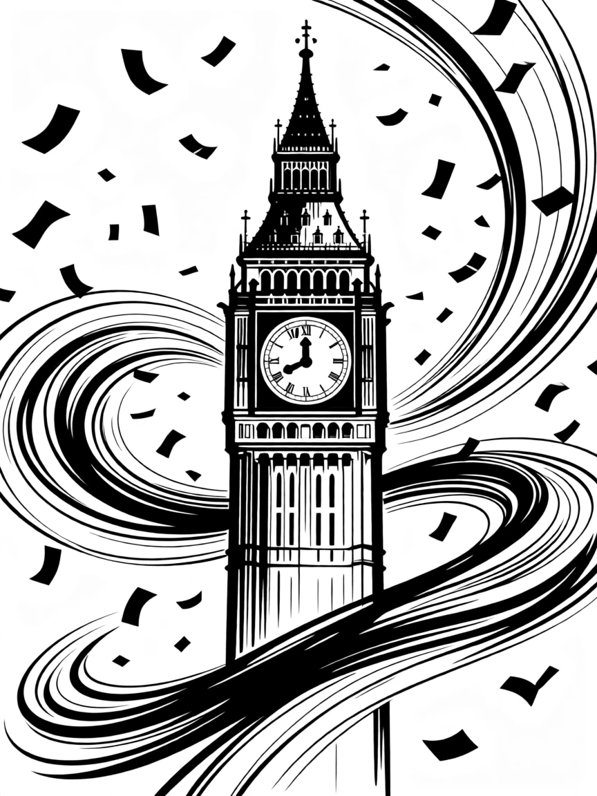 A New Year's countdown scene with a glowing clock tower and confetti.