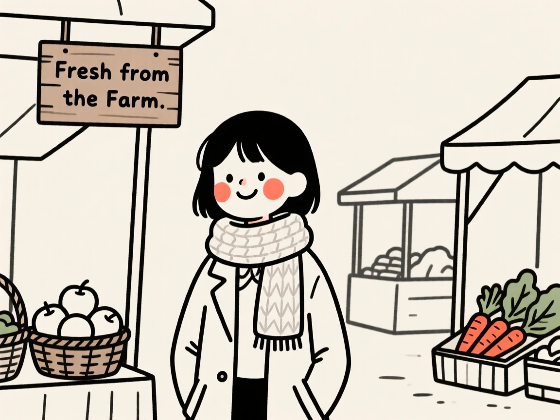 A high school student of Polish heritage in a chunky knit scarf and coat, smiling shyly, at a countryside farmers market.