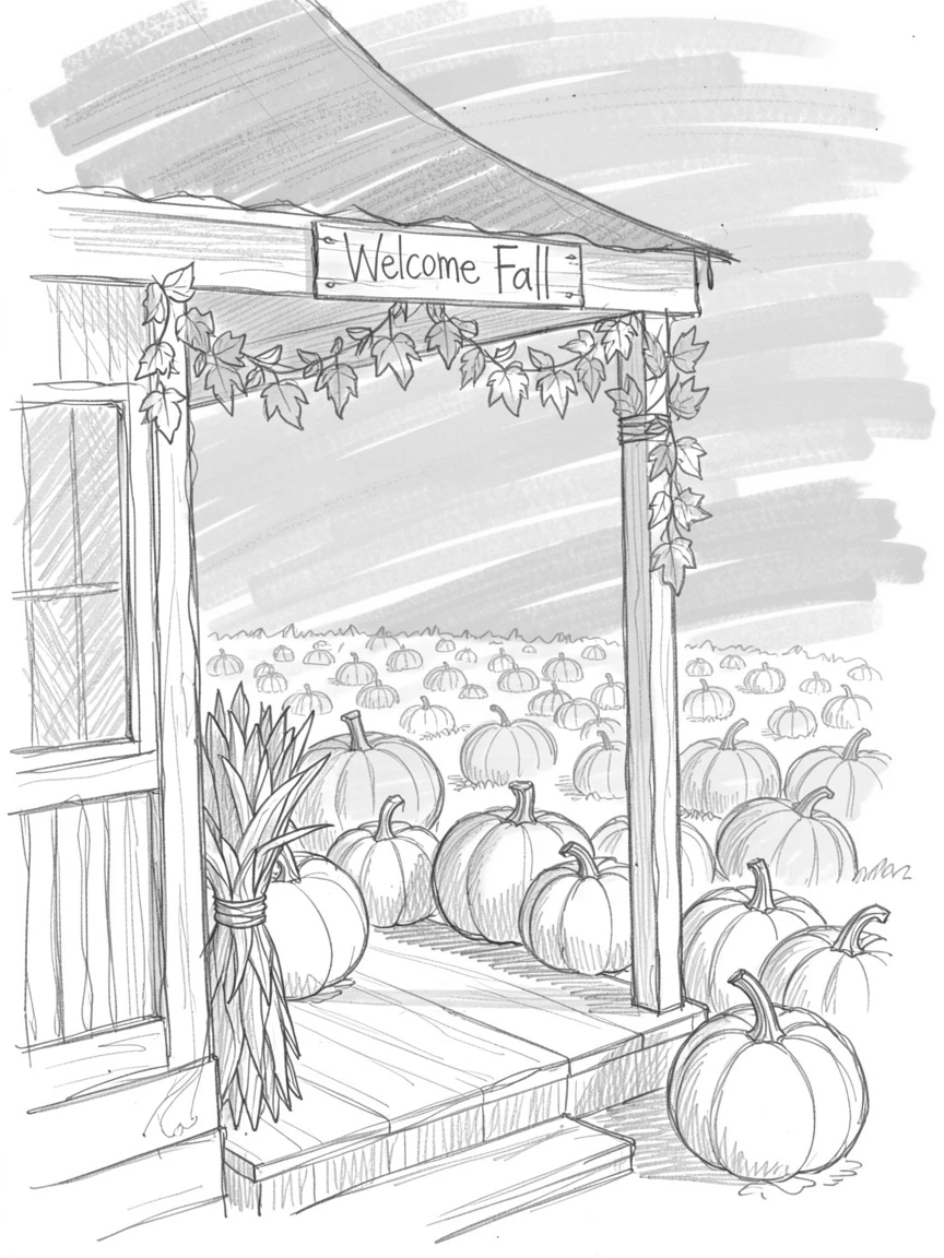 A pumpkin patch under a golden autumn sky, on a decorated porch, with decorations catching the eye at every turn.