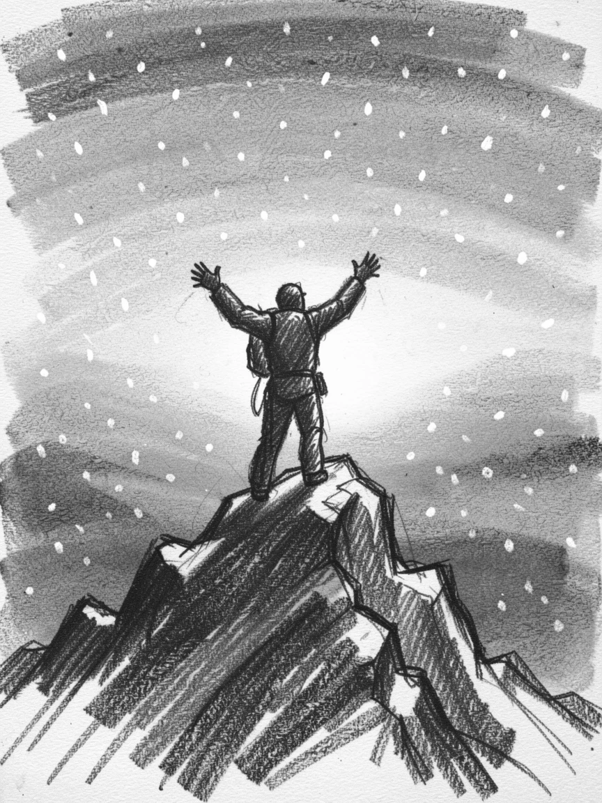 A lone climber reaching the summit at sunrise, arms outstretched, under a soft blanket of falling snow.