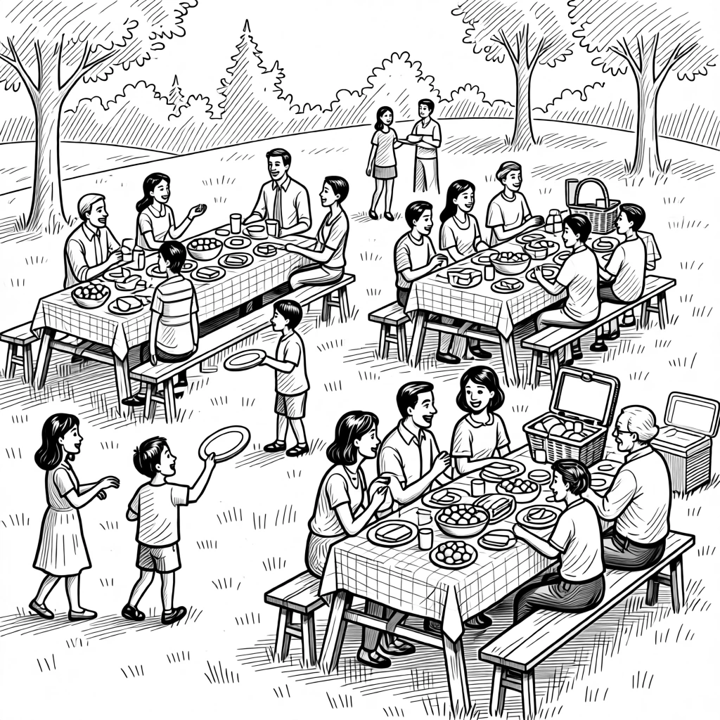A festive family reunion picnic with tables spread across a sunny park.
