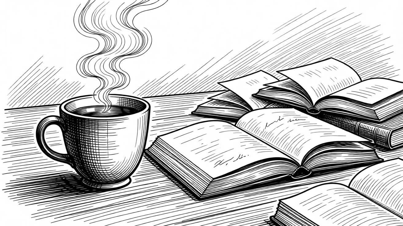 A steaming cup of tea beside an open journal as the last light of day fades gently away, with a few scattered books left open mid-read, evoking a gently inspiring sense of calm.