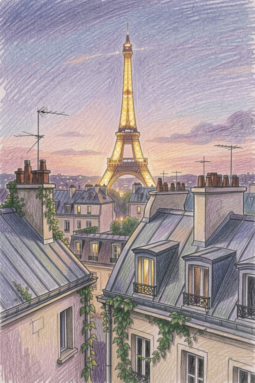 A Parisian rooftop view with the Eiffel Tower glowing at dusk, captured in a quiet, intimate moment full of atmosphere, full of charm, emotion, and visual delight.