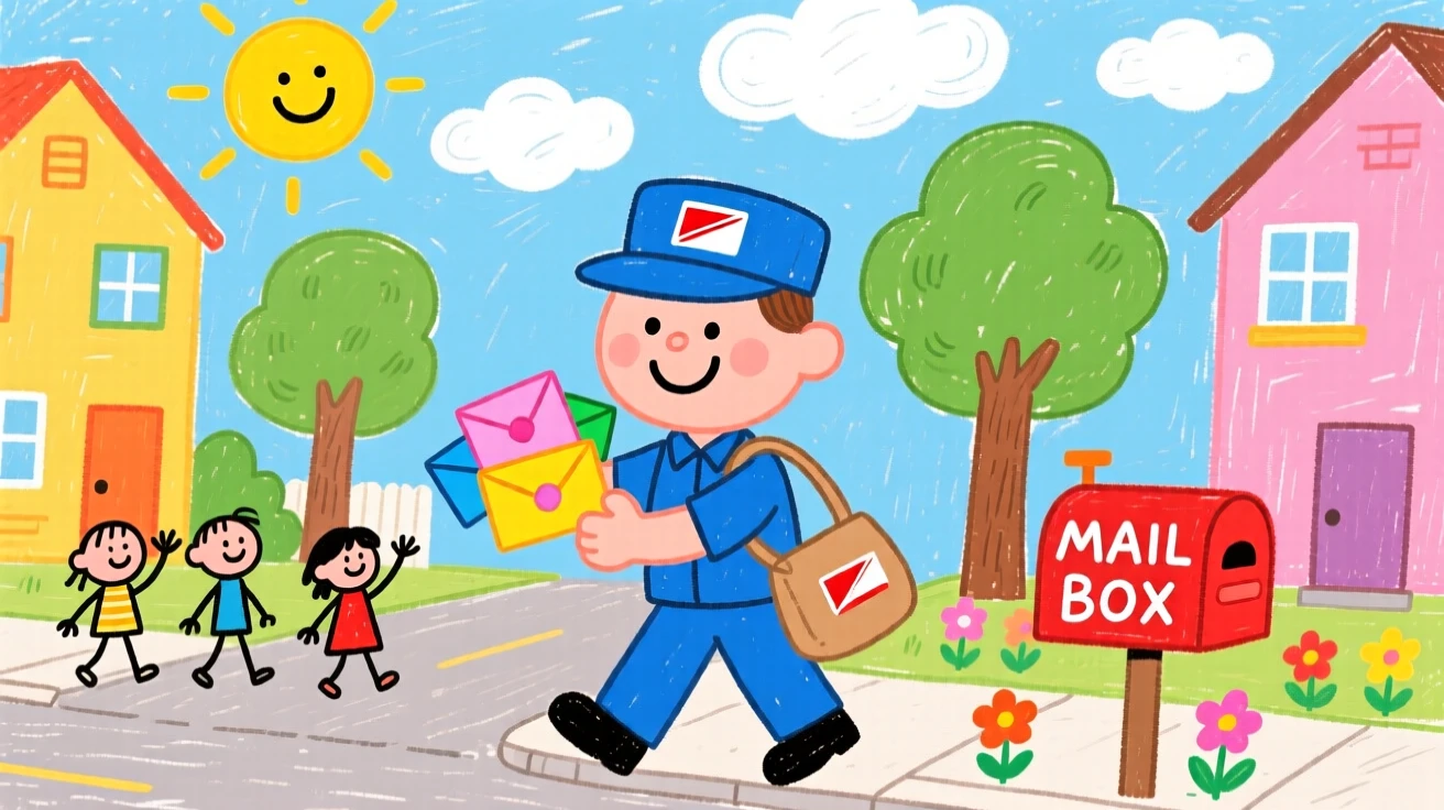 A postal worker delivering mail on a friendly neighborhood street.