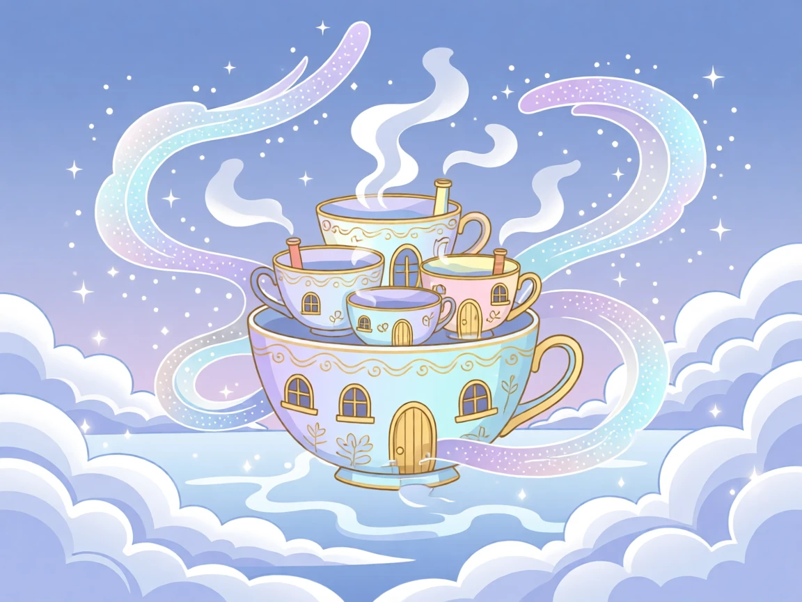 A whimsical floating teacup village drifting above a cloud sea, surrounded by swirling clouds of shimmering stardust, composed with a dreamlike, ethereal atmosphere, with subtle magical particles drifting through the air.