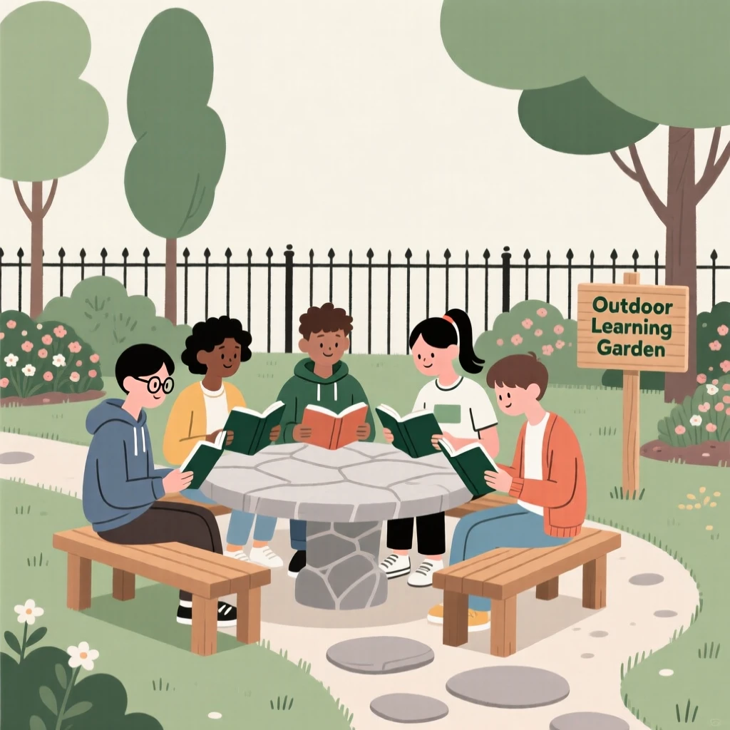 A group of students reading together in an outdoor learning garden.