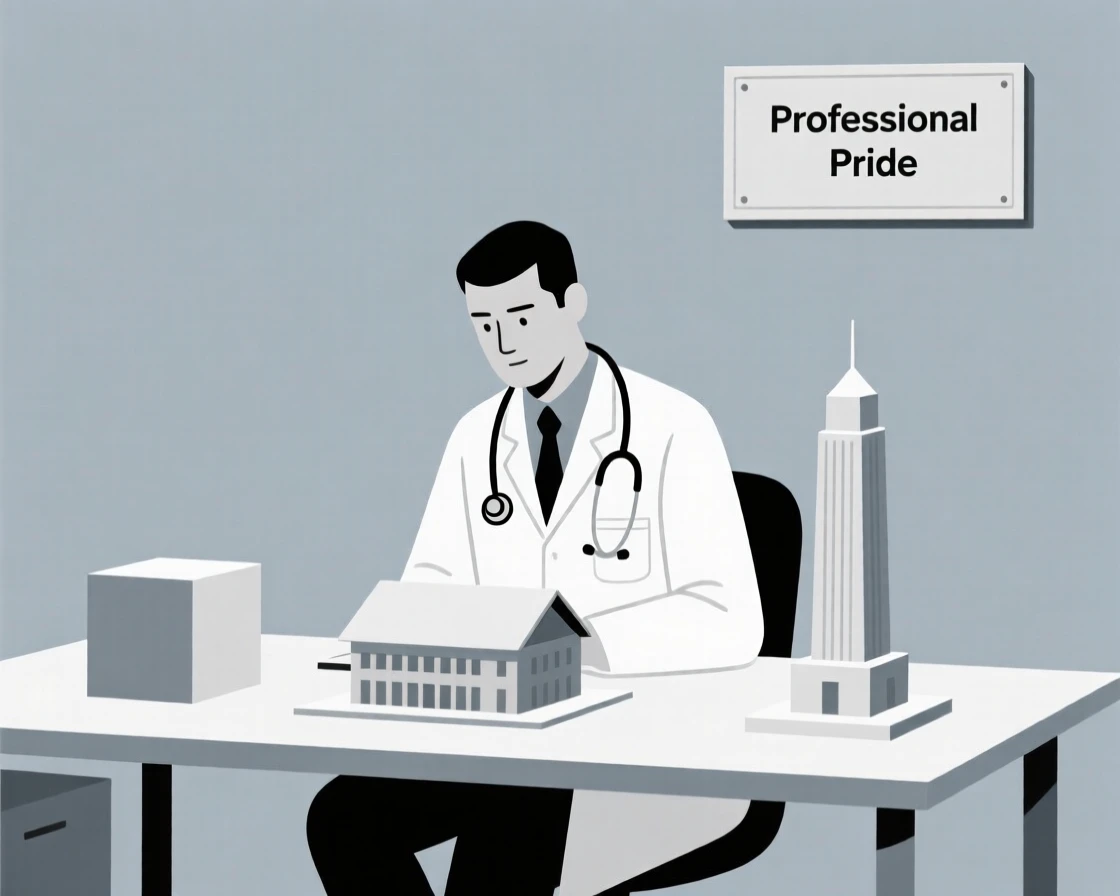A focused doctor in a clinic working at a home studio, surrounded by architectural models, expressing professional pride.