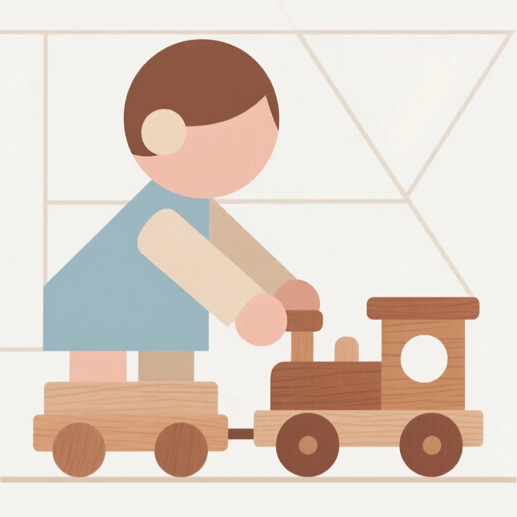 A young child playing with a wooden toy train