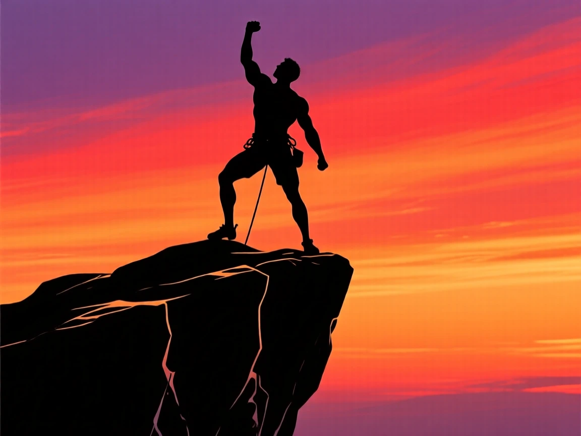 A rock climber celebrating at the top of a route, one fist raised.