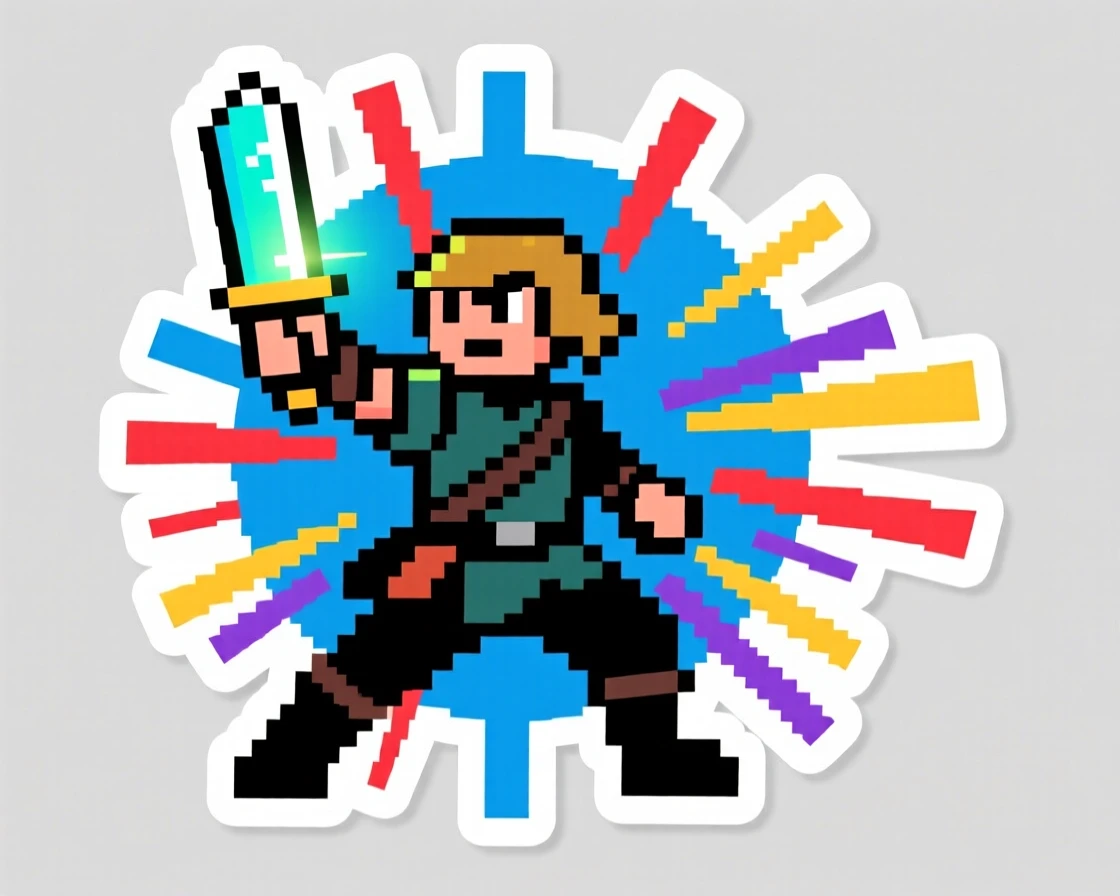 A playfully retro pixel-art style adventurer holding a glowing sword, framed by a burst of colorful energy, during a thrilling made-up quest.
