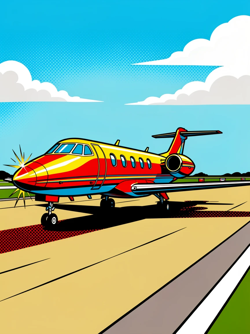 A private jet parked on a sunlit runway