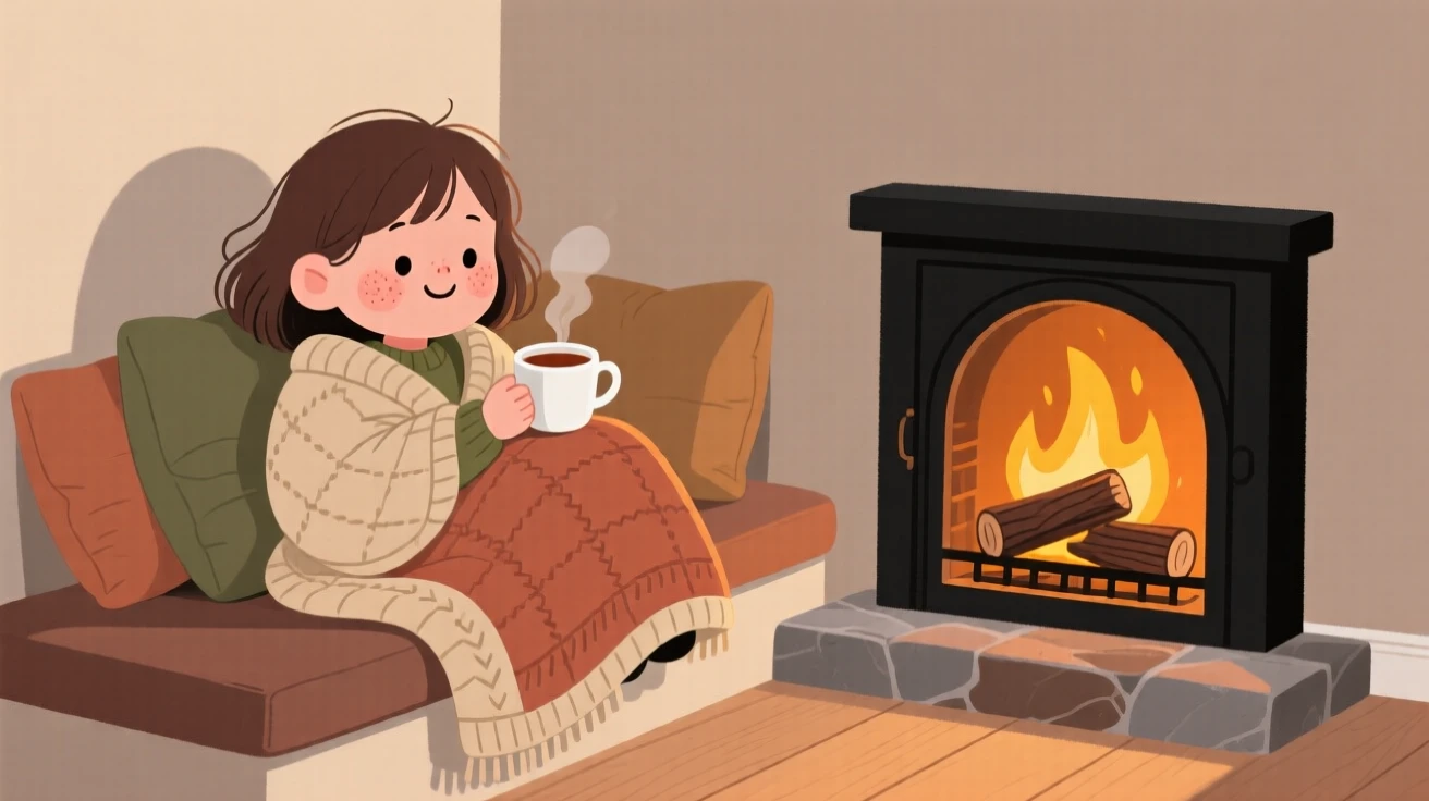 A little girl curls up in a reading nook beside a crackling fireplace, wrapped in a knitted quilt while sipping a cup of tea.