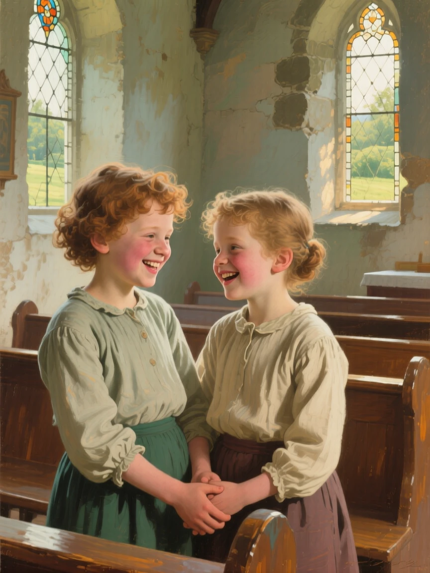 An intimate close-up of a pair of childhood friends in a quiet countryside chapel, brimming with joy, at midday.