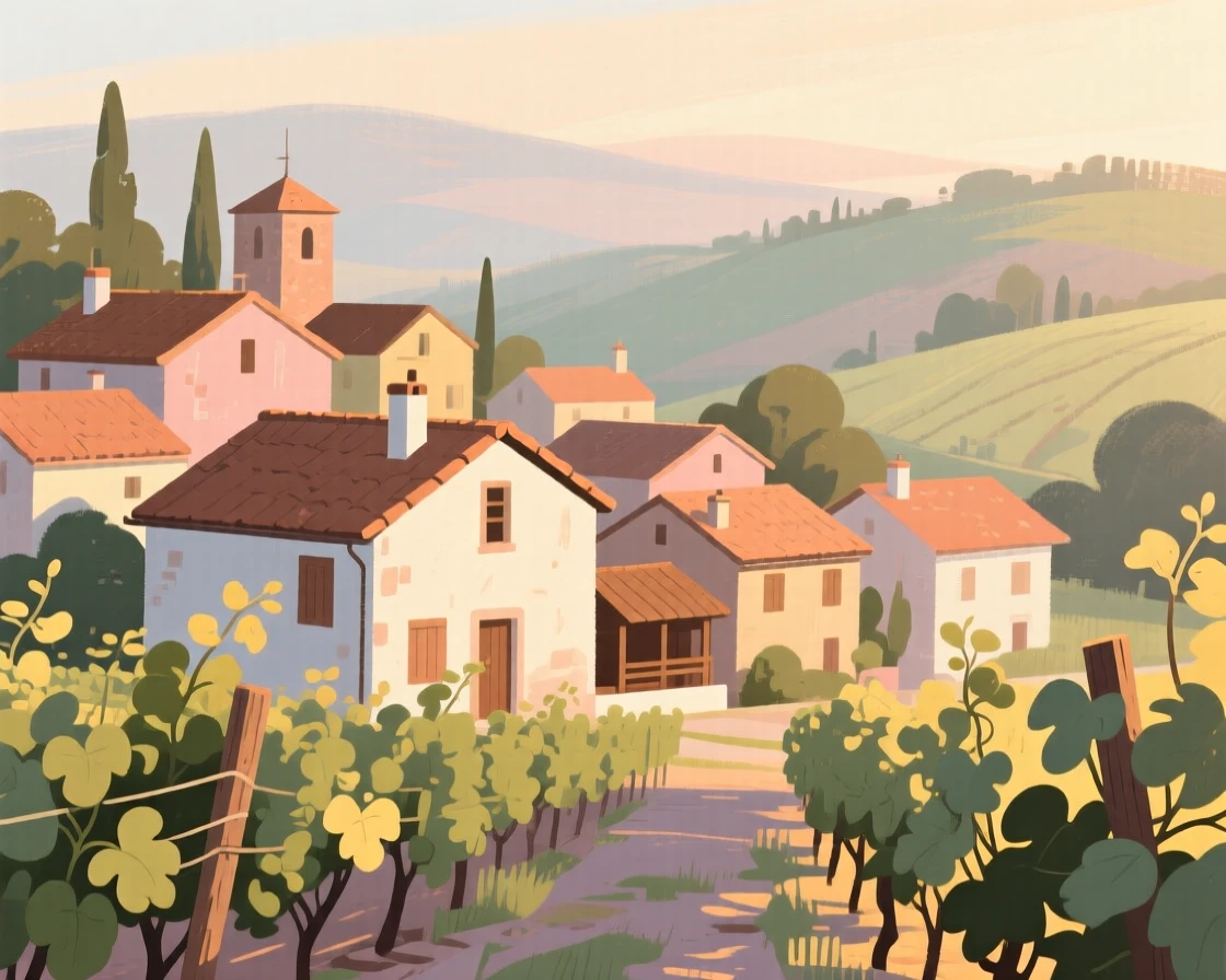 A vineyard village with terracotta rooftops glowing in the evening light