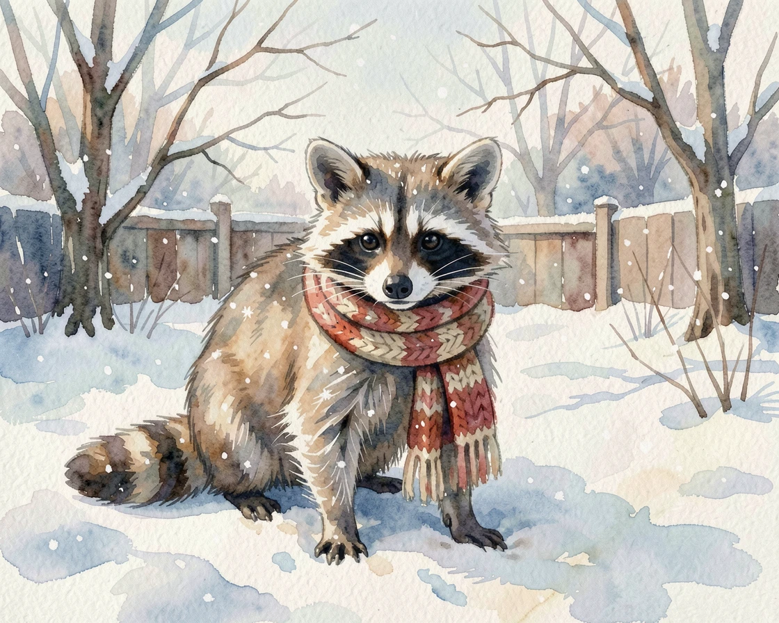 A curious raccoon in a snowy backyard wearing a cozy knitted scarf.