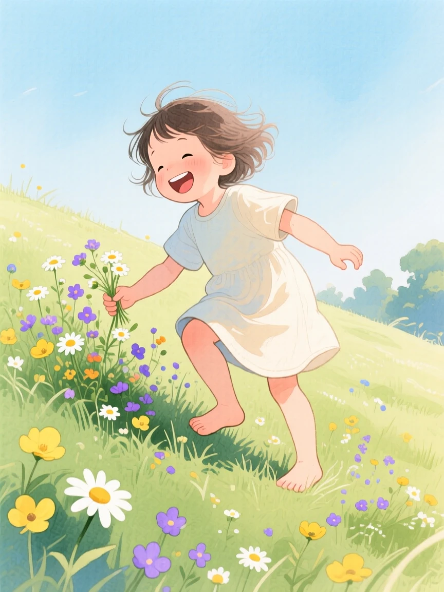 A barefoot child picks wildflowers in a meadow on a grassy hillside, laughter and joy filling the warm afternoon air